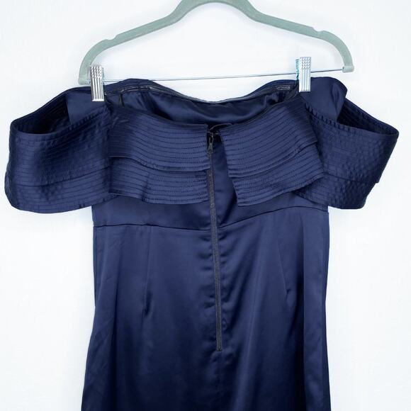 Bardot Athena Frill Off the Shoulder Navy Blue Satin Ruffle Mini Dress 10 Large - Picture 9 of 16